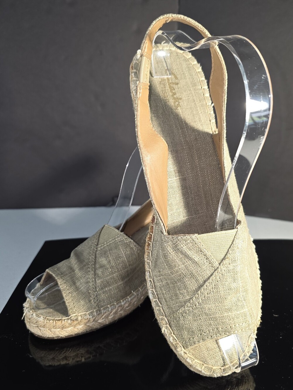 Clarks Petrina Rhea Sage Metallic Linen Slingback Espadrille Wedge Sandal Sz 9.5